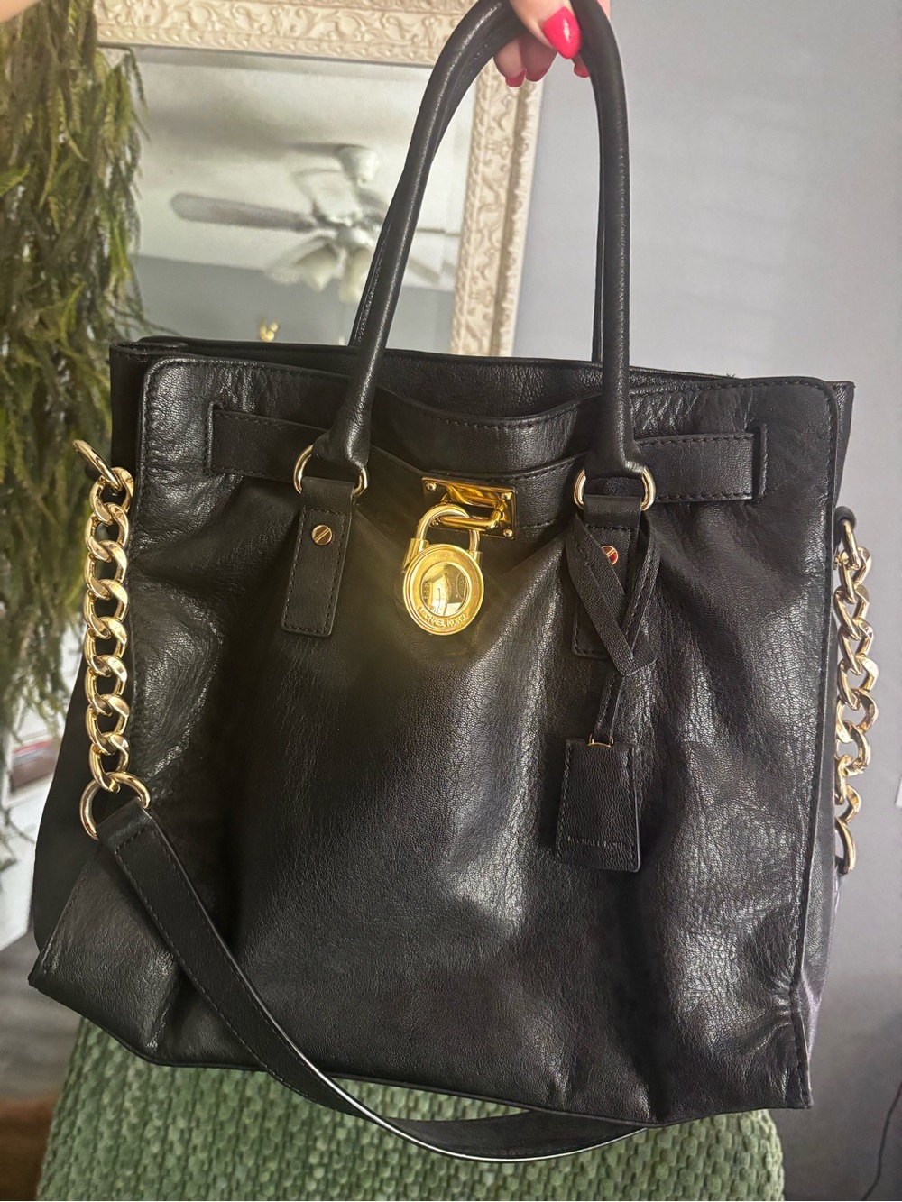 Michael Kors Black Leather Tote Bag with Gold Hardware